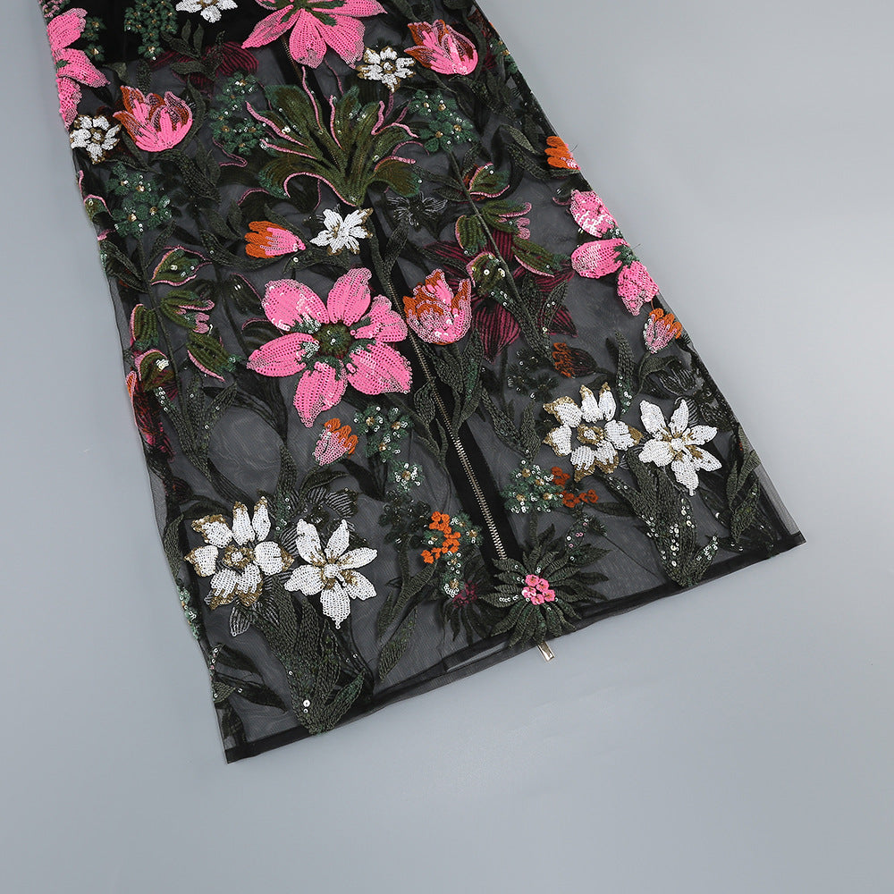 Black Floral Embroidered Mesh Column Dress