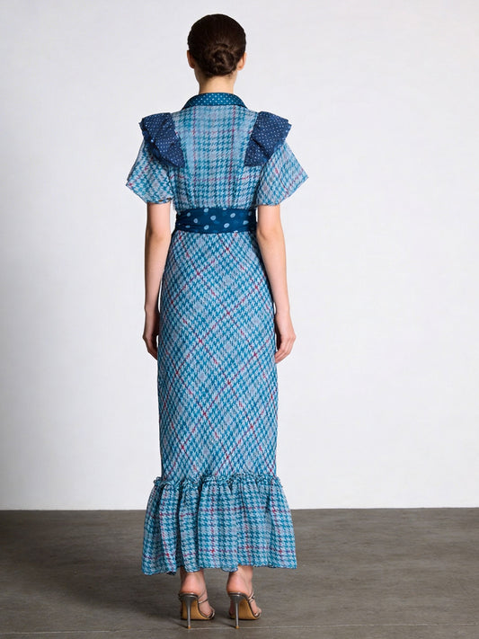 blue print plaid midi dress