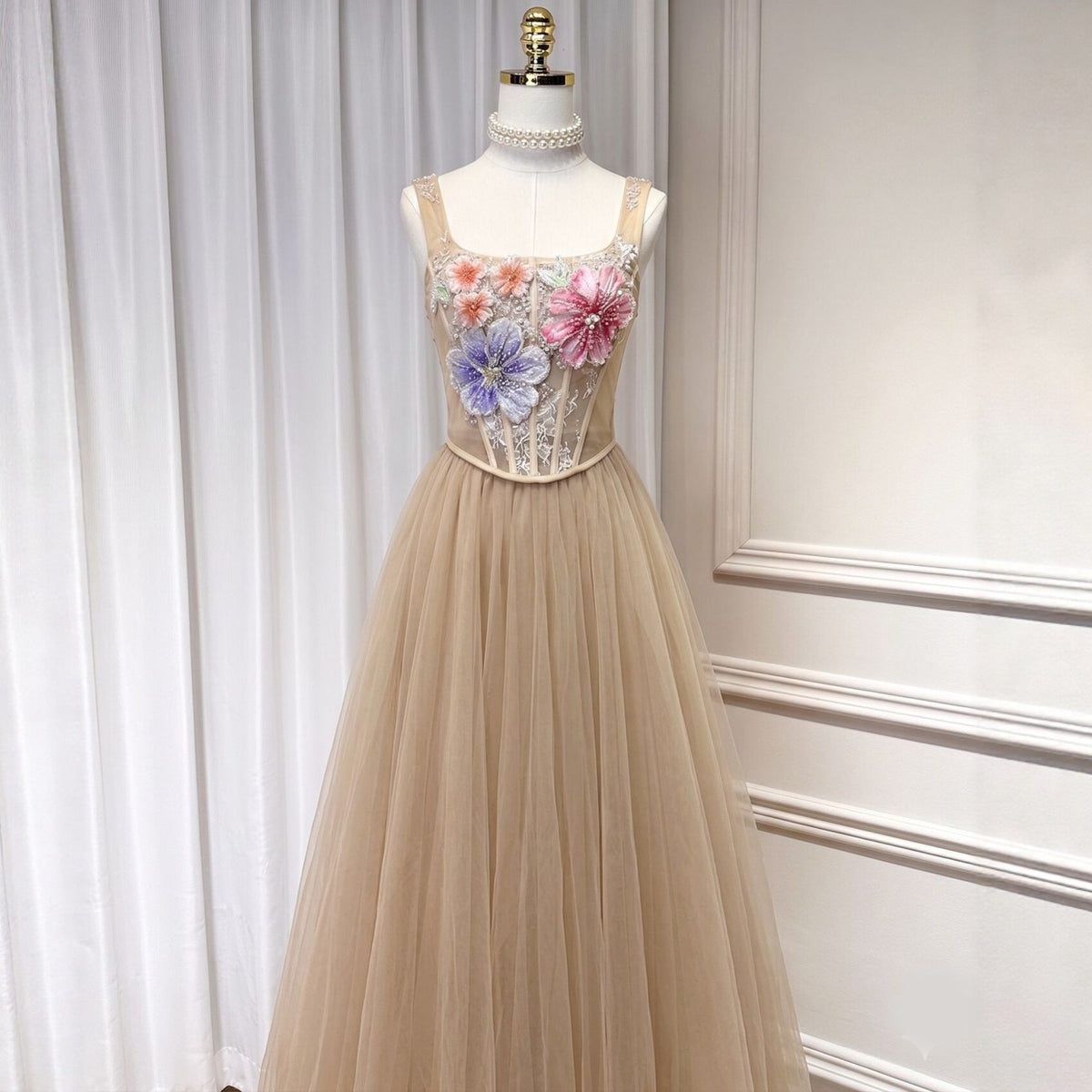 3D floral camisole top & tulle skirt set - champagne