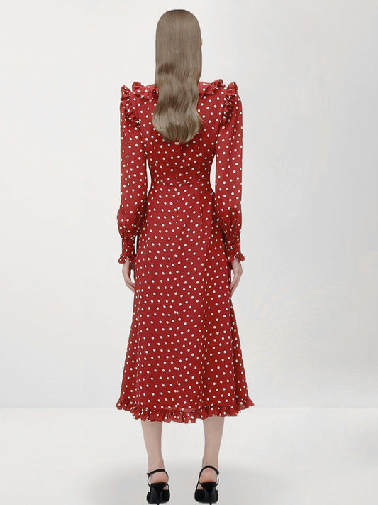 red long sleeve polka dot midi dress