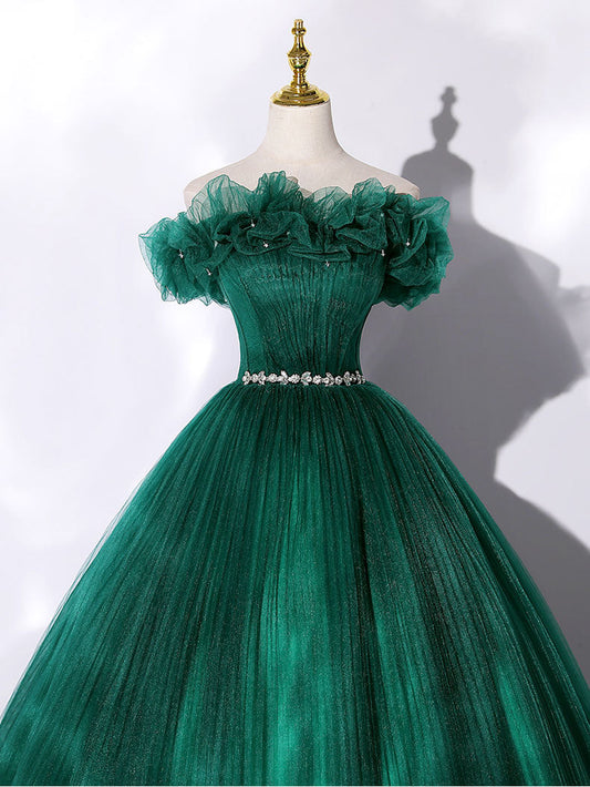 Green tulle off shoulder prom dress