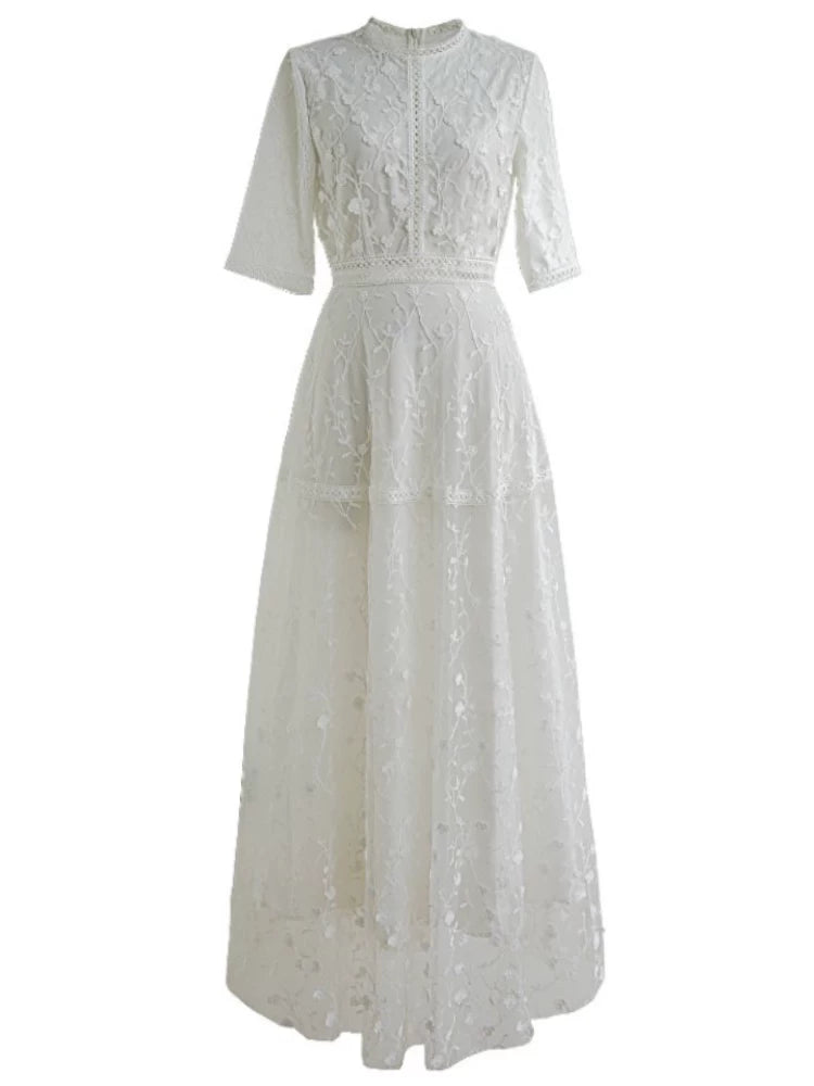 High-end light luxury dress skirt white French niche dress heavy embroidery long skirt fairy temperament celebrity skirt lace