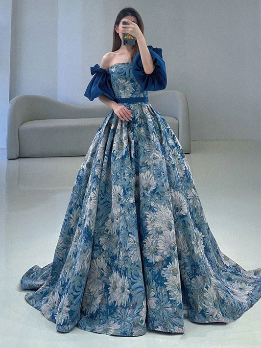 Unique A line satin prom dress