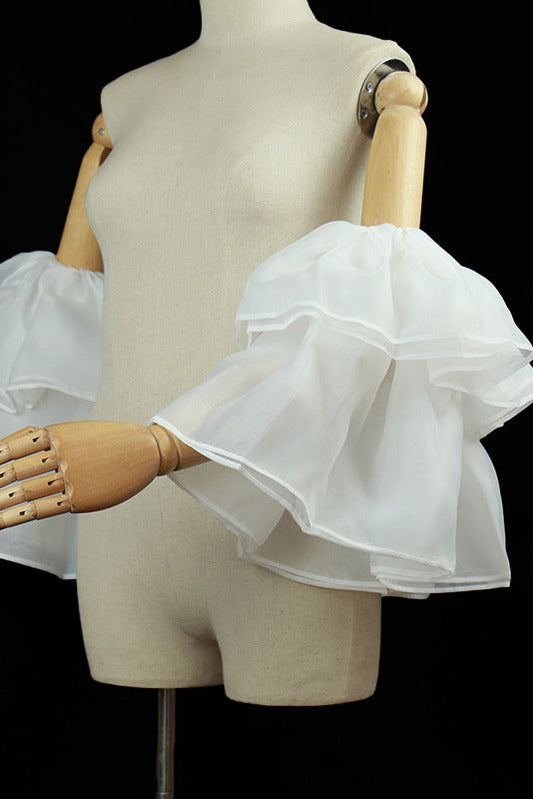 White Double Layer Ruffle Organza Detachable Bell Cuff Sleeves