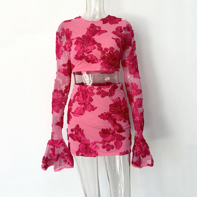 Nefertiti apricot Embroidered Floral Backless T-shirt and Skirt Set
