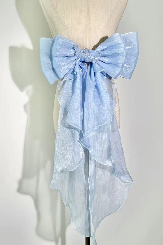 White Shimmer Organza Giant Bow Ruffle Long Trailing Bridal Waist Sash