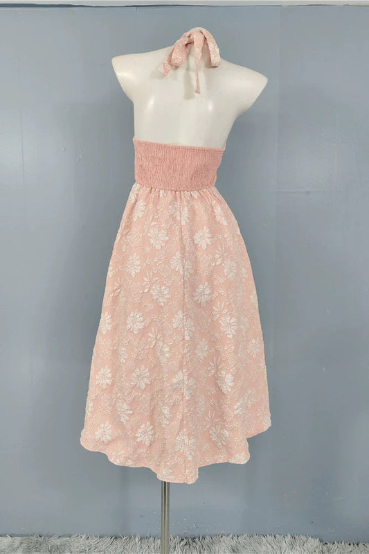 pink fairy jacquard halterneck open back big swing midi dress