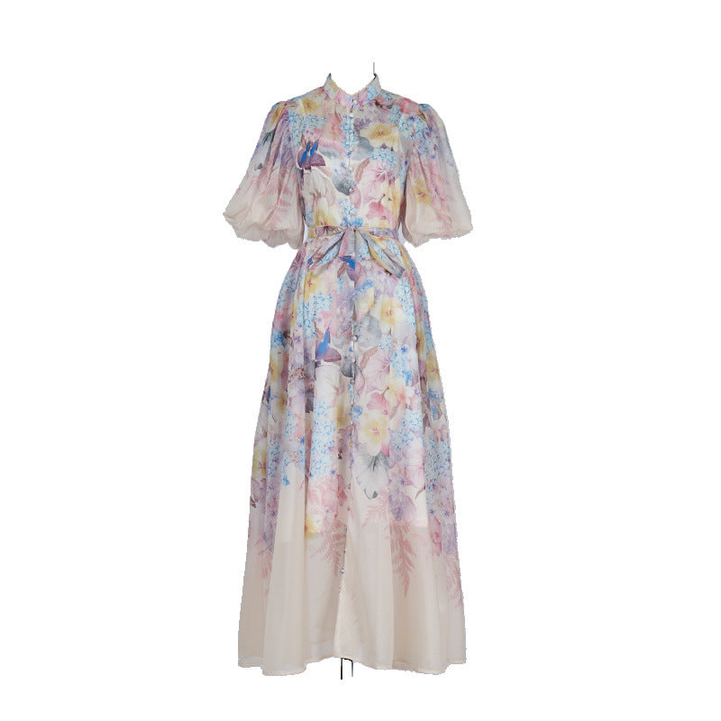 Pink Floral Print Mandarin Collar Chiffon Maxi Dress