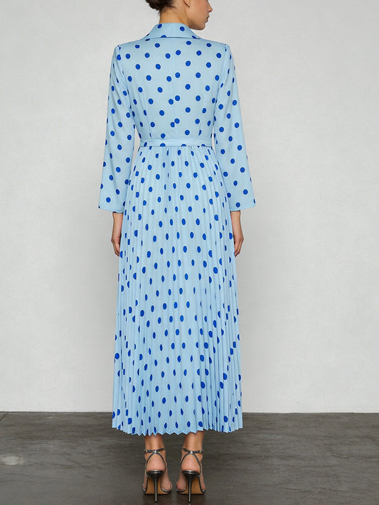 blue polka dot v-neck long sleeve pleated dress