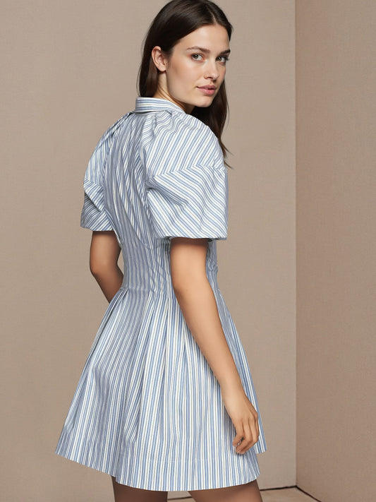Blue White Stripe Collared Puff Sleeve Button Front Mini Shirt Dress