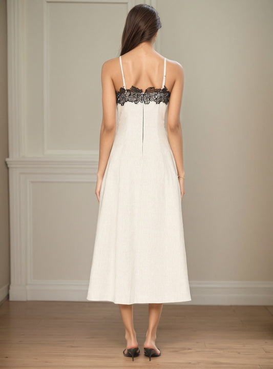 Off White Thin Strap Black Lace Trim Midi Dress Slim Fit Flowy Linen Blend Slip Dress