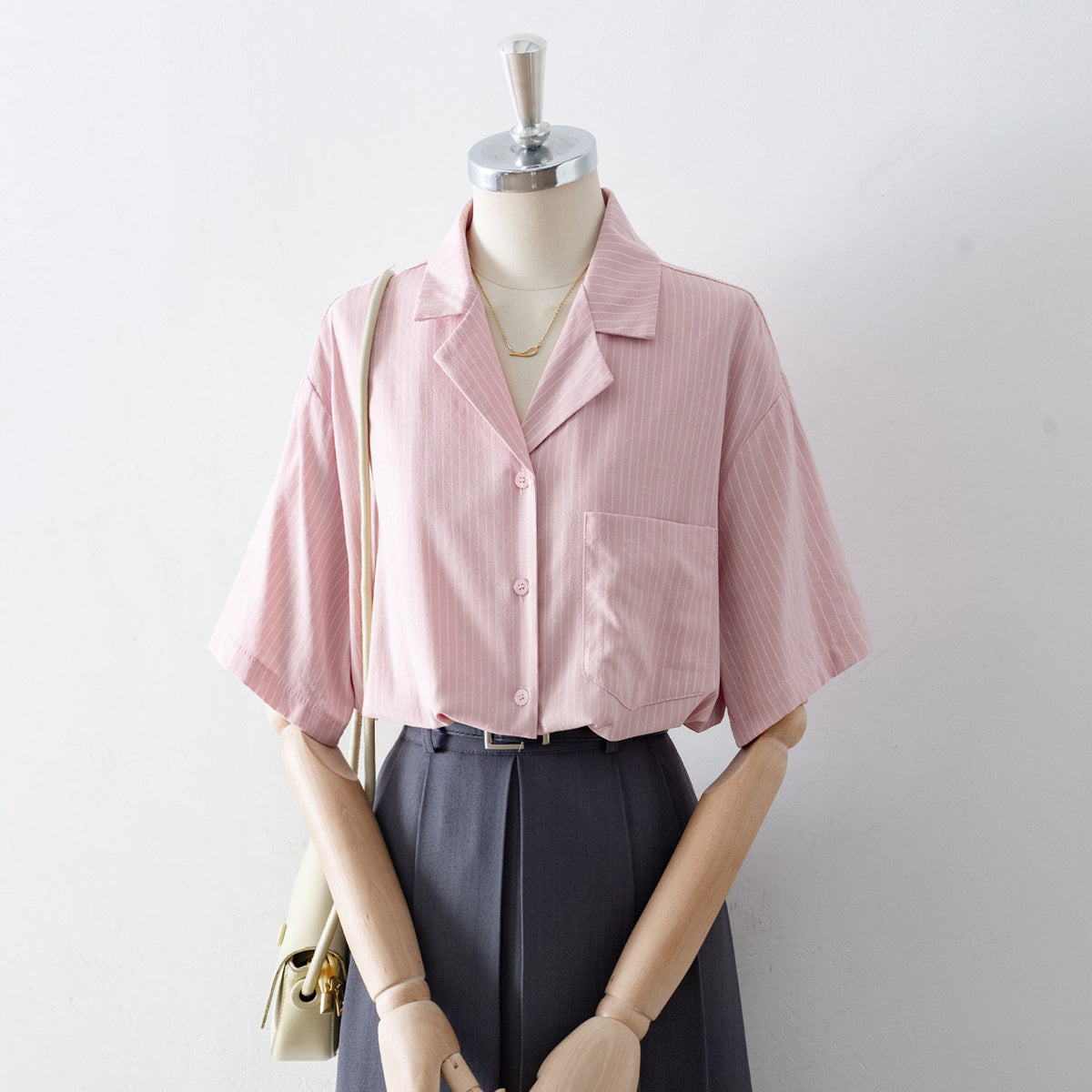 Vertical Stripe Notched Lapel Half Sleeve Loose Shirt With Chest Pocket
