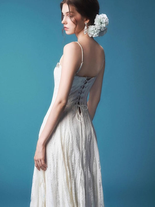 suspender bandeau lace maxi dress
