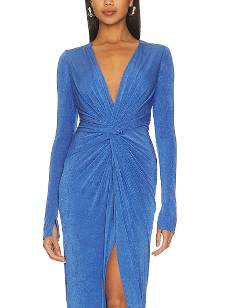 virginia blue pleated long sleeve high slit maxi dress