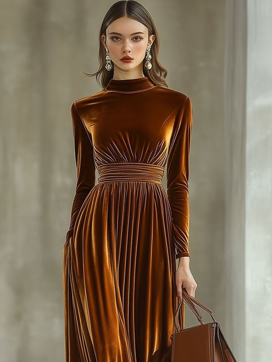 Gold velvet long-sleeved dress