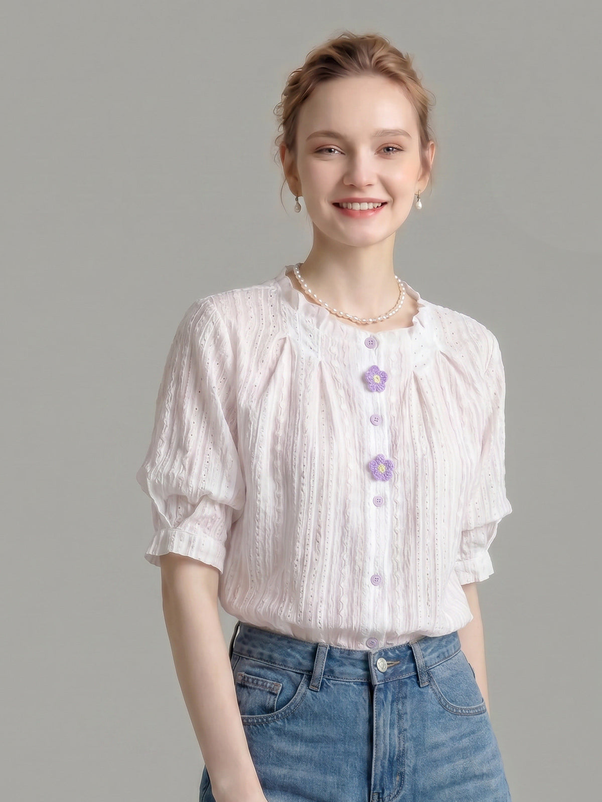 Ruffled Crew Neck Eyelet Puff Sleeve Blouse With Floral Buttons