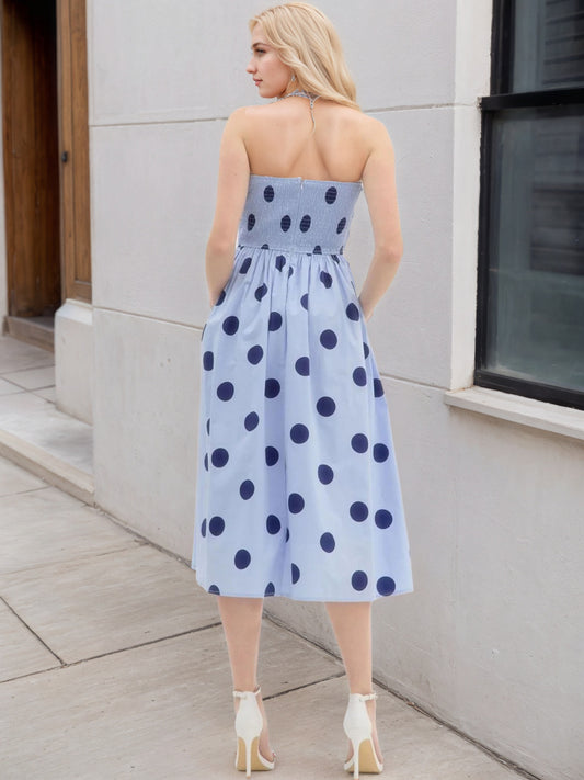 Light Blue Polka Dot Strapless Pleated Waist Midi Swing Dress Women Vintage Holiday Dress