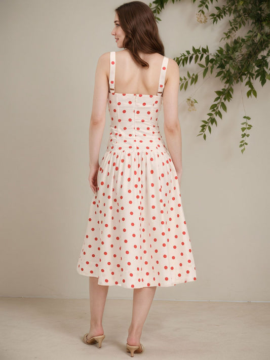 Cream Red Polka Dot Square Strap Button Front Flared Midi Dress