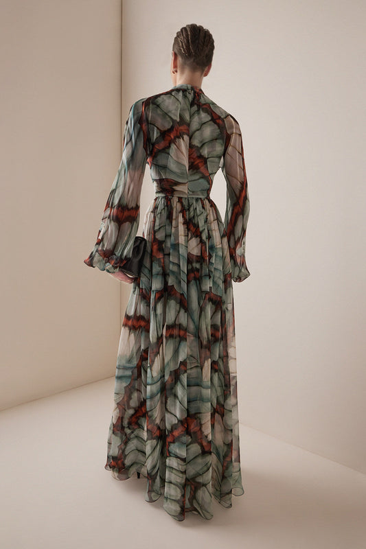 Abstract Butterfly Print Chiffon Maxi Dress