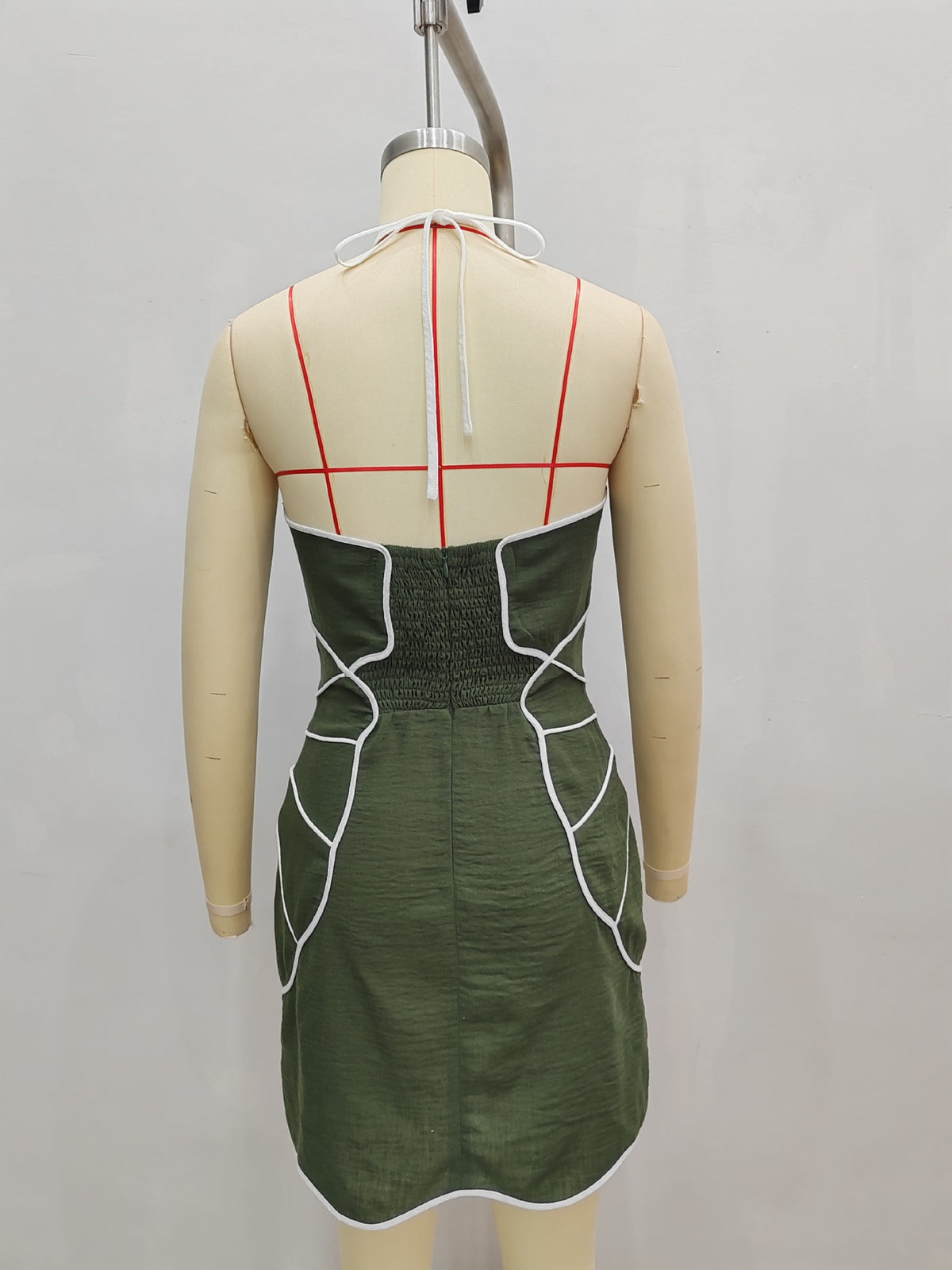 Olive Halter Sweetheart Contrast White Piping Bodycon Mini Dress