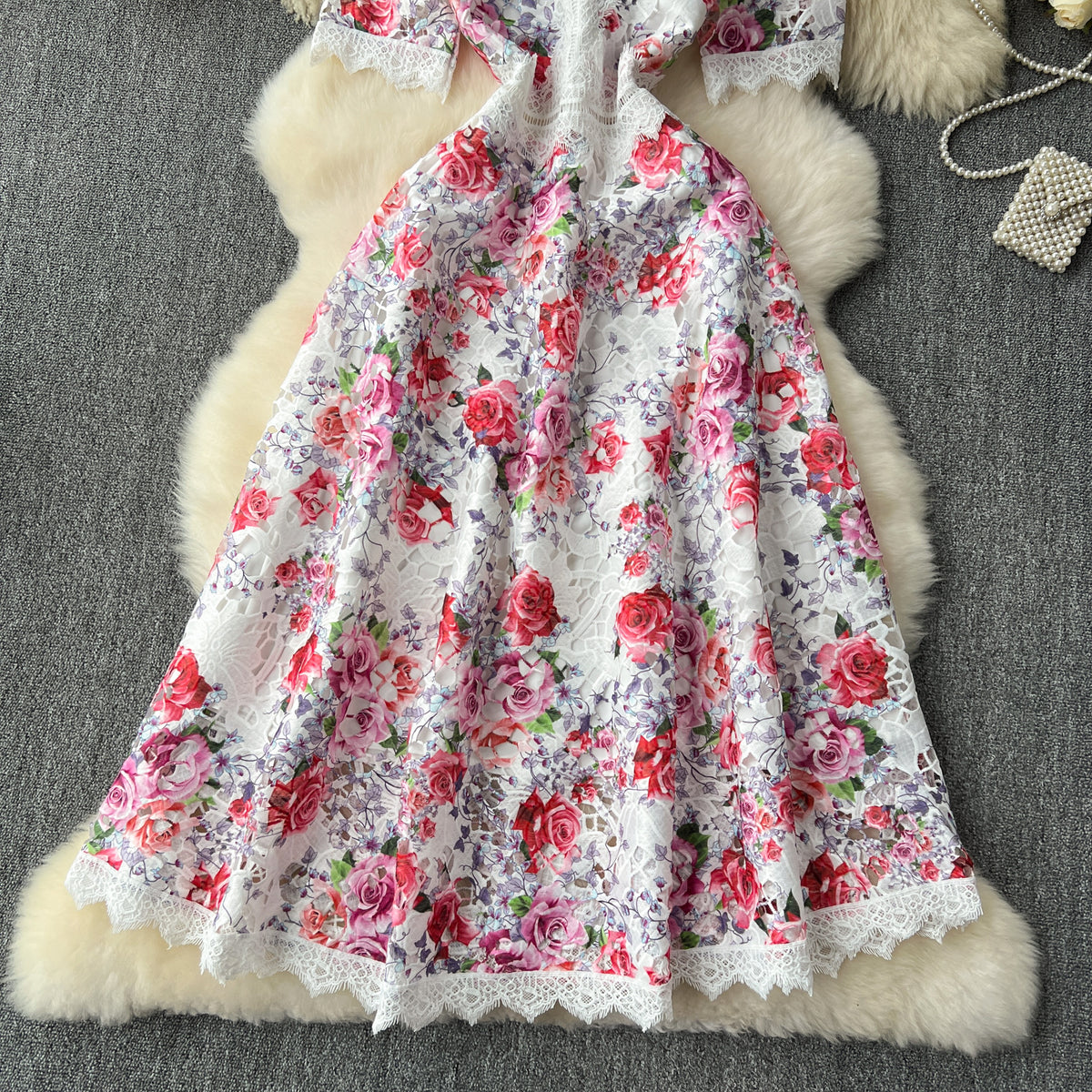 White Guipure Lace Floral Midi Dress