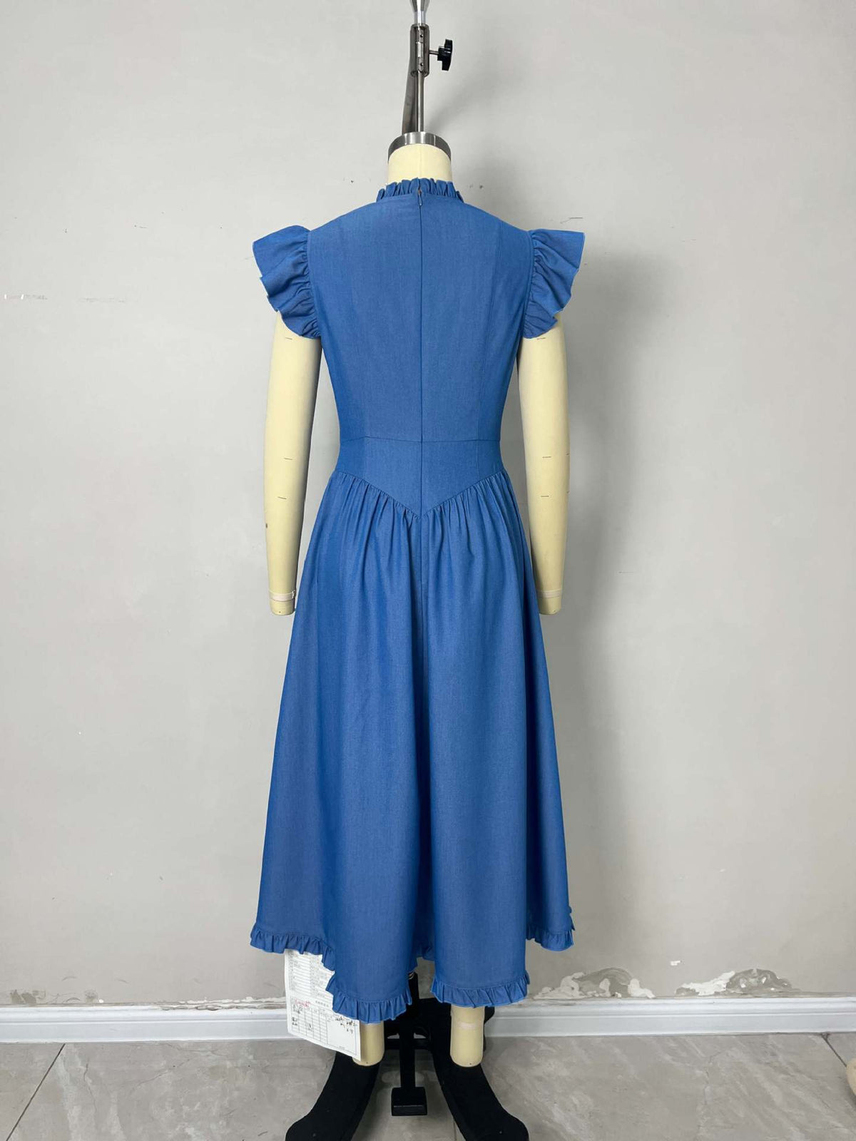 Blue Denim Ruffle Cap Sleeve Button Front Flared Midi Dress