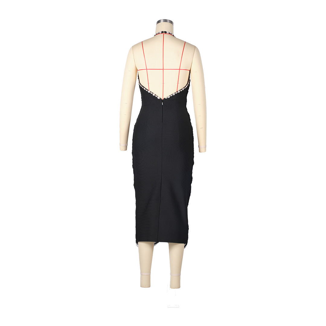 sherry halter rhinestone bandage tassel midi dress in black