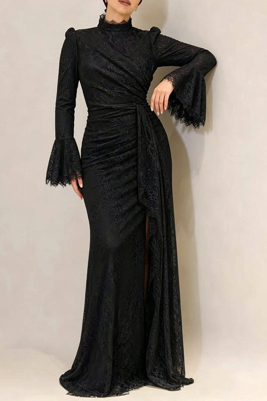 victoria Long lantern sleevelace-trim maxi dress - black