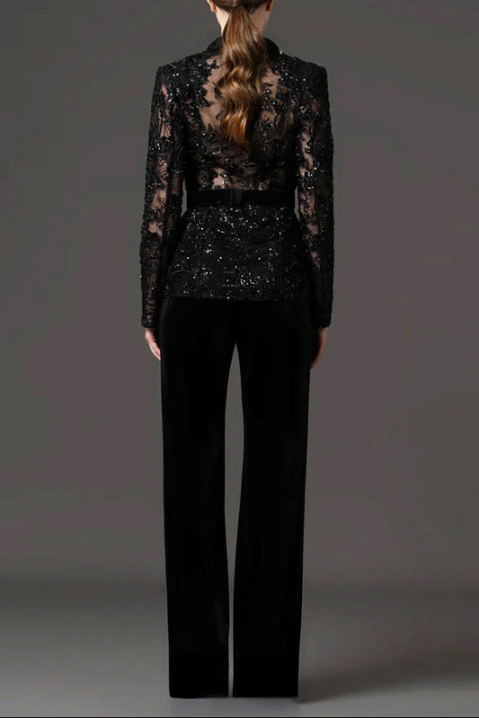 Mesh embroidered beaded jacket & trousers 2-piece set - black