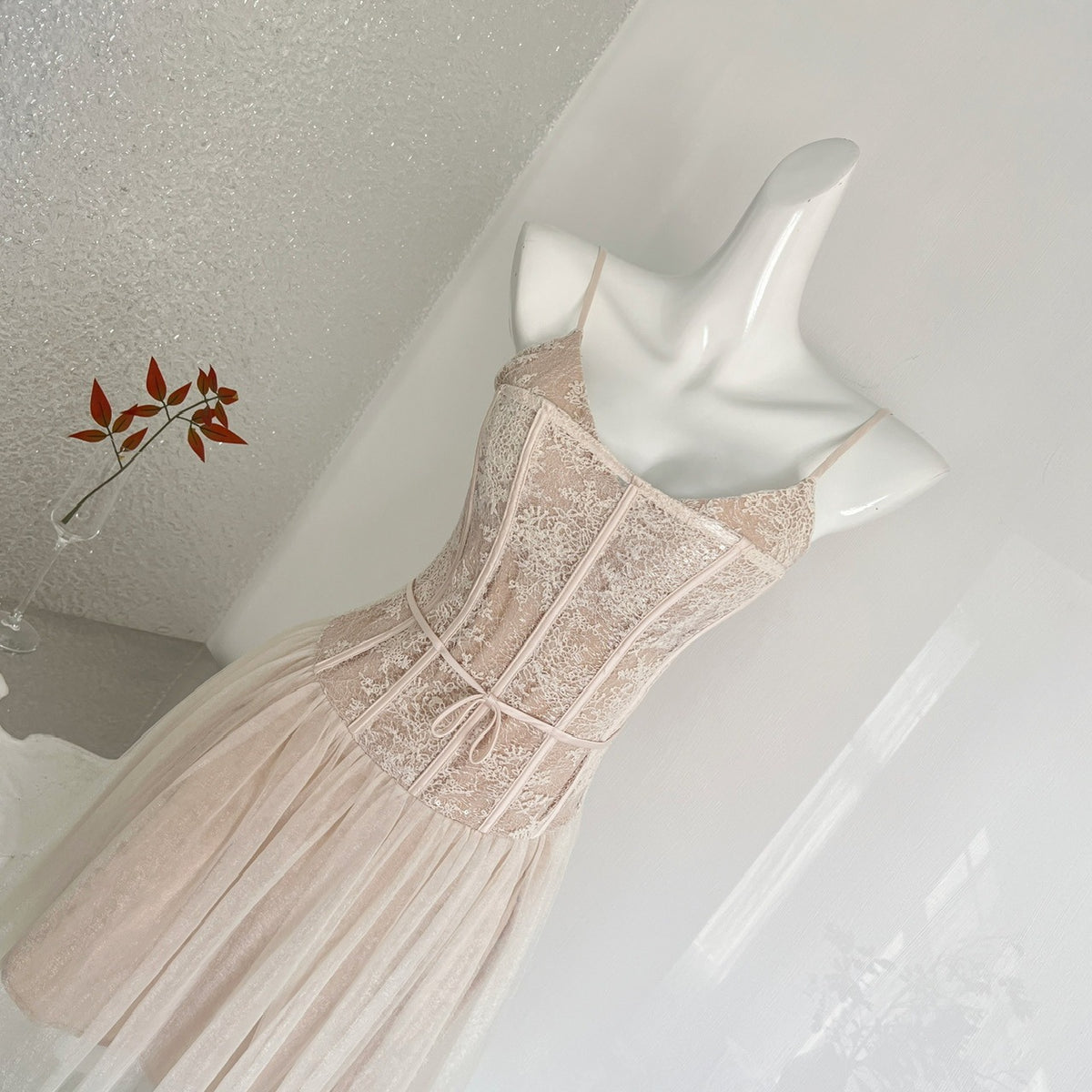 Alani Apricot Lace Mermaid Spaghetti Strap Tulle Dress