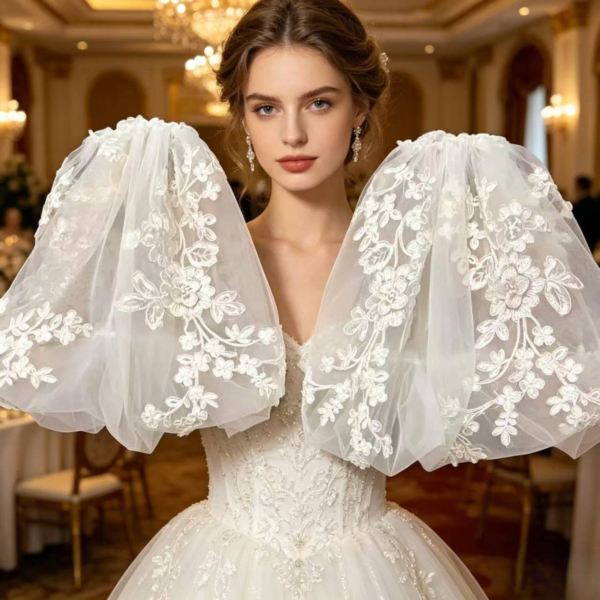 Satin V-Neck A-Line Wedding Gown with Detachable Floral Lace Bubble Sleeves
