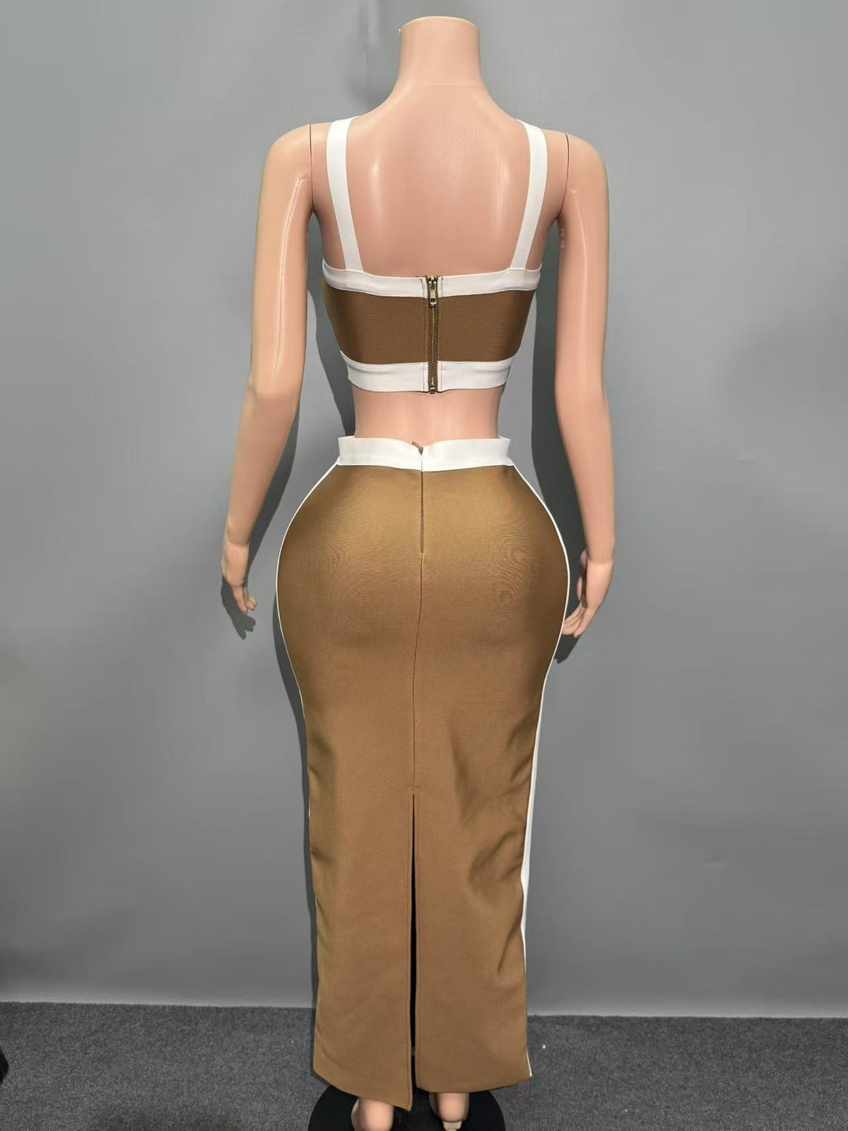Brown Structured Knit Two-Piece Set with Criss-Cross Halter Crop Top and Maxi Skirt