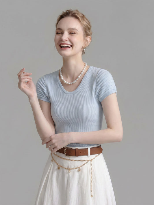 U Neck Cap Sleeve Vertical Ribbed Knit Top
