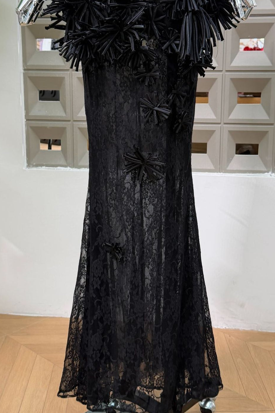 Black Lace Maxi Dress with 3D Floral Appliqués