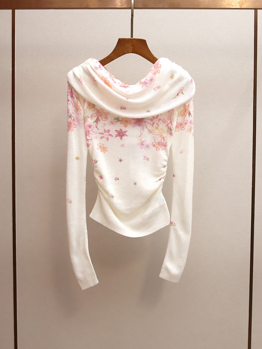 off-white lightweight fine knit fitted with draped neckline top