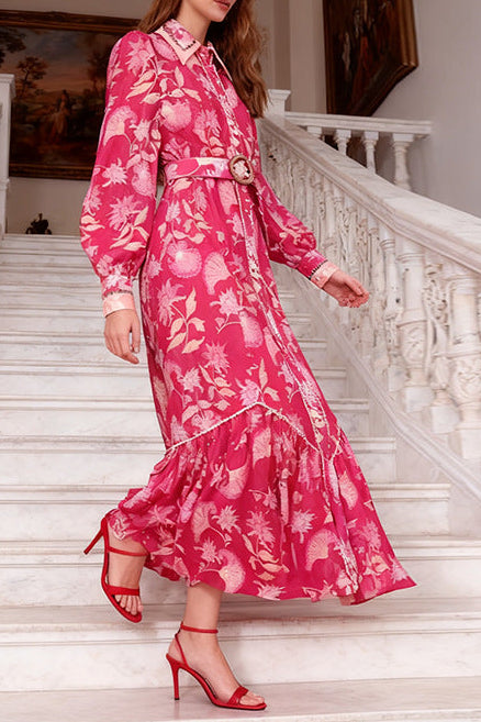 phoenix red floral print maxi dress with belt