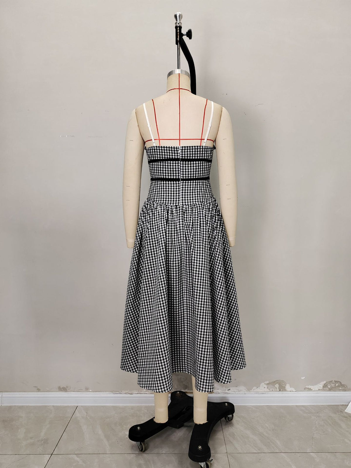 Black White Gingham Ruffle Cami Self-Tie Waist Flowy Midi Dress