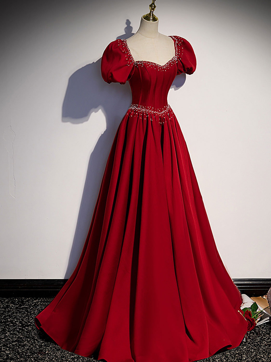A line burgundy satin dress