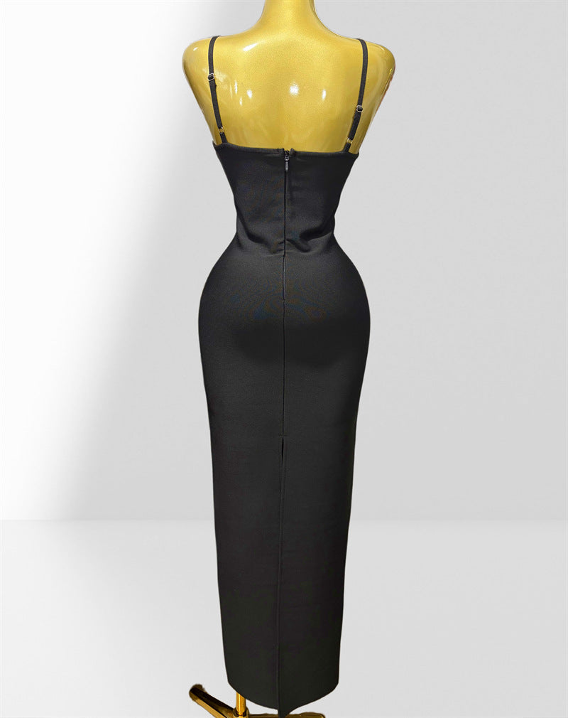Black Heavy Stretch Knit Column Evening Gown with Crystal Embellishments