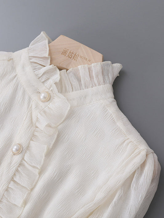 Ruffled Stand Collar Pearl Button Lantern Long Sleeve Textured Blouse