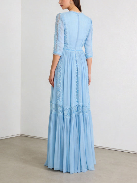blue V-neck lace spliced maxi dress
