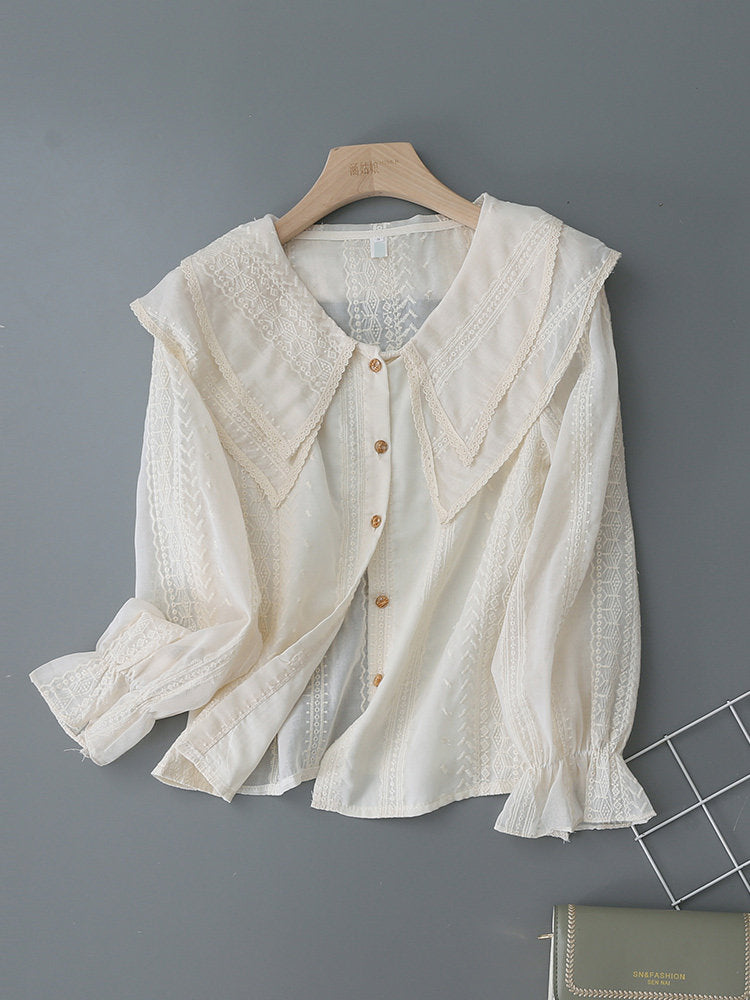 Double Layer Lace Lapel Ruffle Cuff Embroidery Long Sleeve Blouse