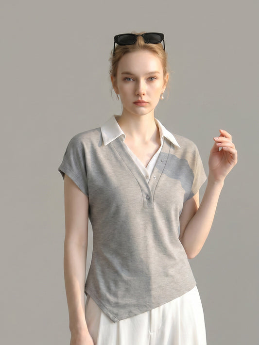 Fake Two Piece Collared V Neck Cap Sleeve Asymmetrical Hem Tee