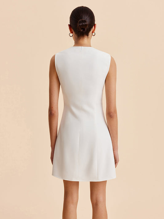 Sleeveless Wavy Trim Gold Button Mini Dress