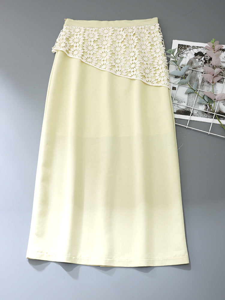 Diagonal Floral Lace Spliced High Waist Straight Midi Skirt