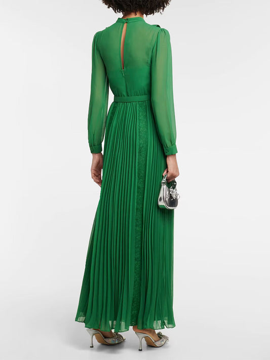green long sleeve lace splicing pleated dress