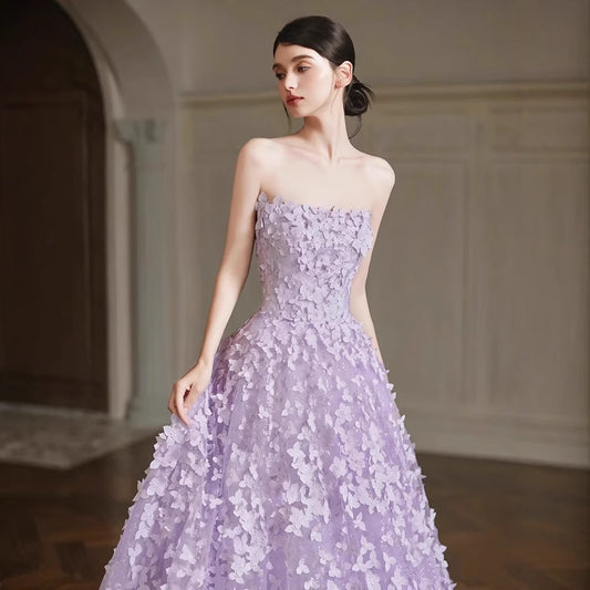 Arlene Floral Strapless Evening Gown - Purple