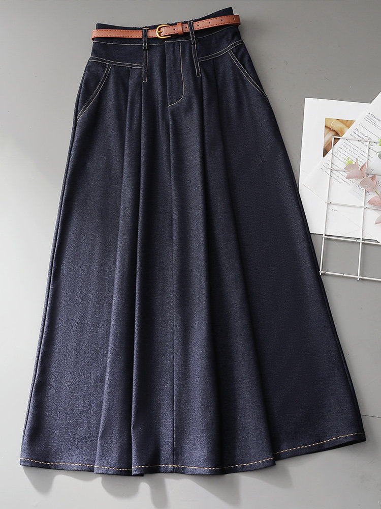 High Waist Pleated Denim Midi Skirt with Leather Belt