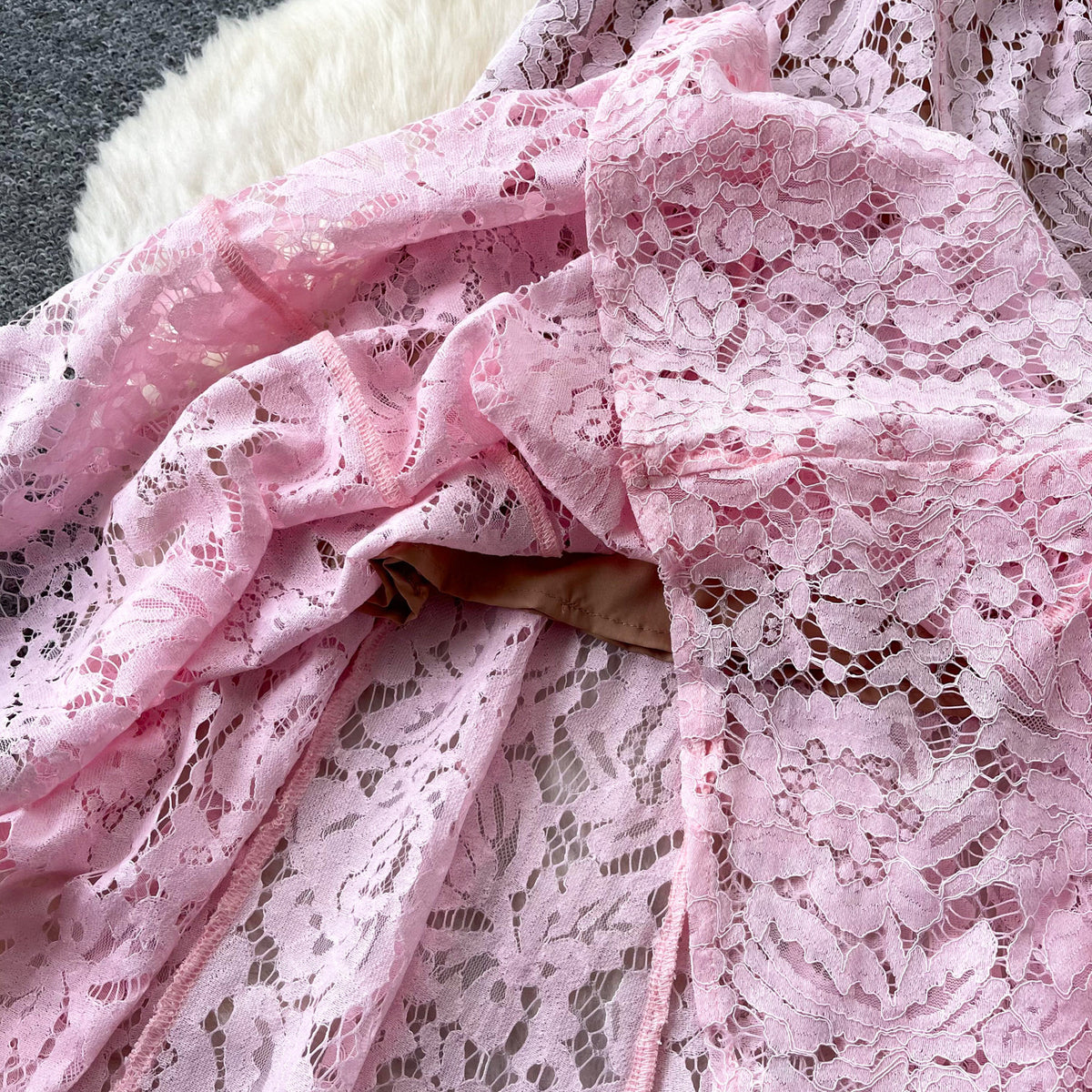 Pink Floral Lace A-Line Midi Dress