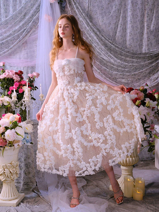 Leah White/Beige Sleeveless Flower Dress
